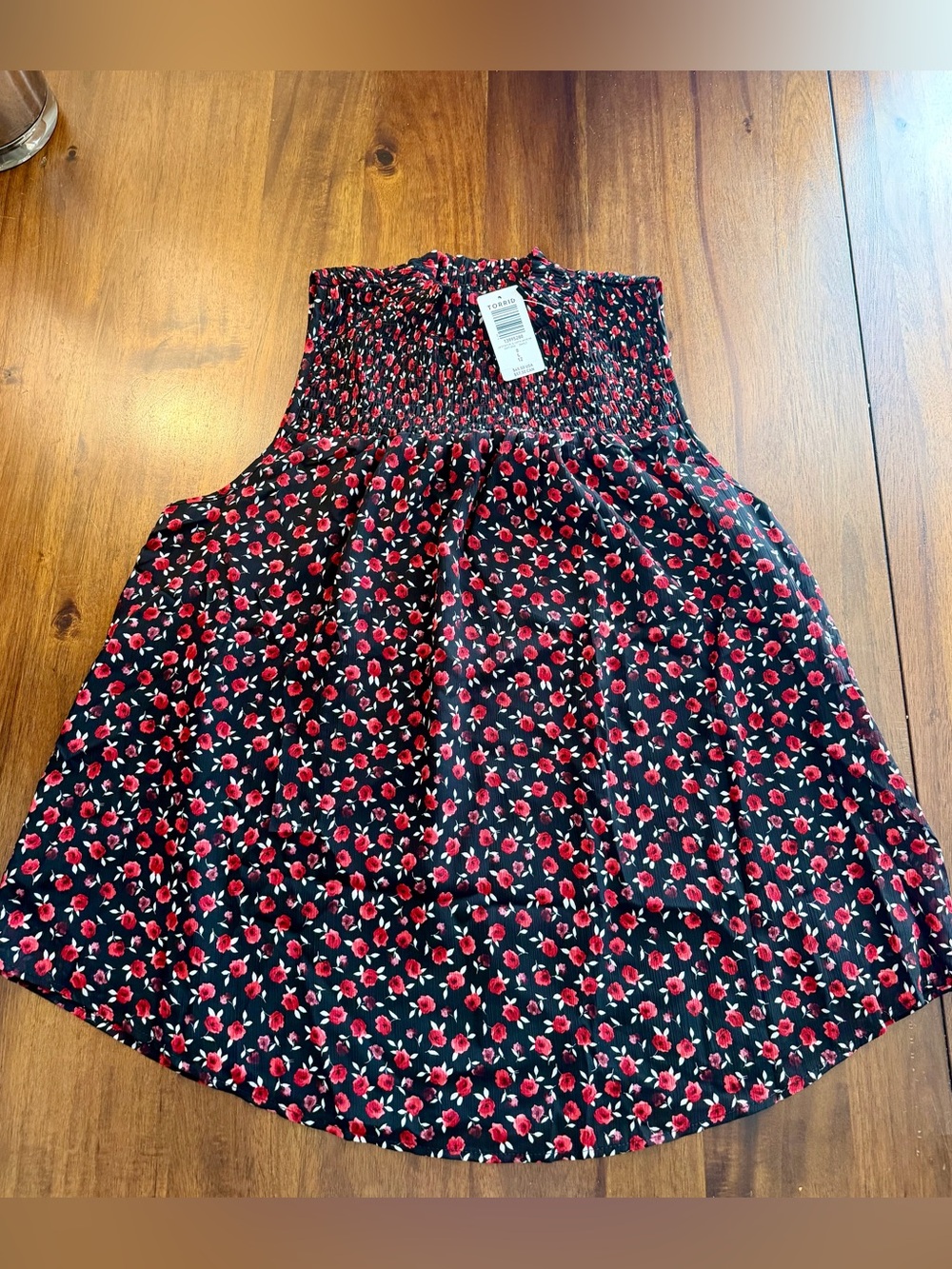 torrid Black Smocked High-Neck Tank with Red Floral Print